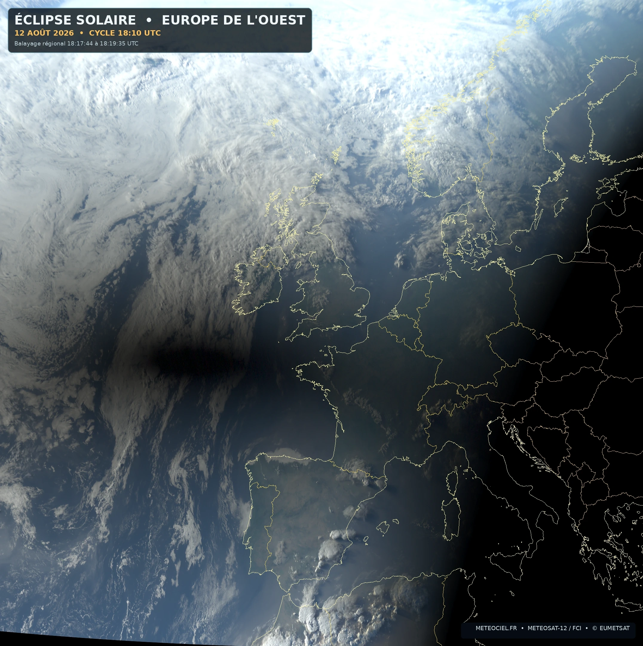 L'ombre de la Lune sur l'Europe de l'Ouest vue par Meteosat-12 vers 18 h 10 UTC