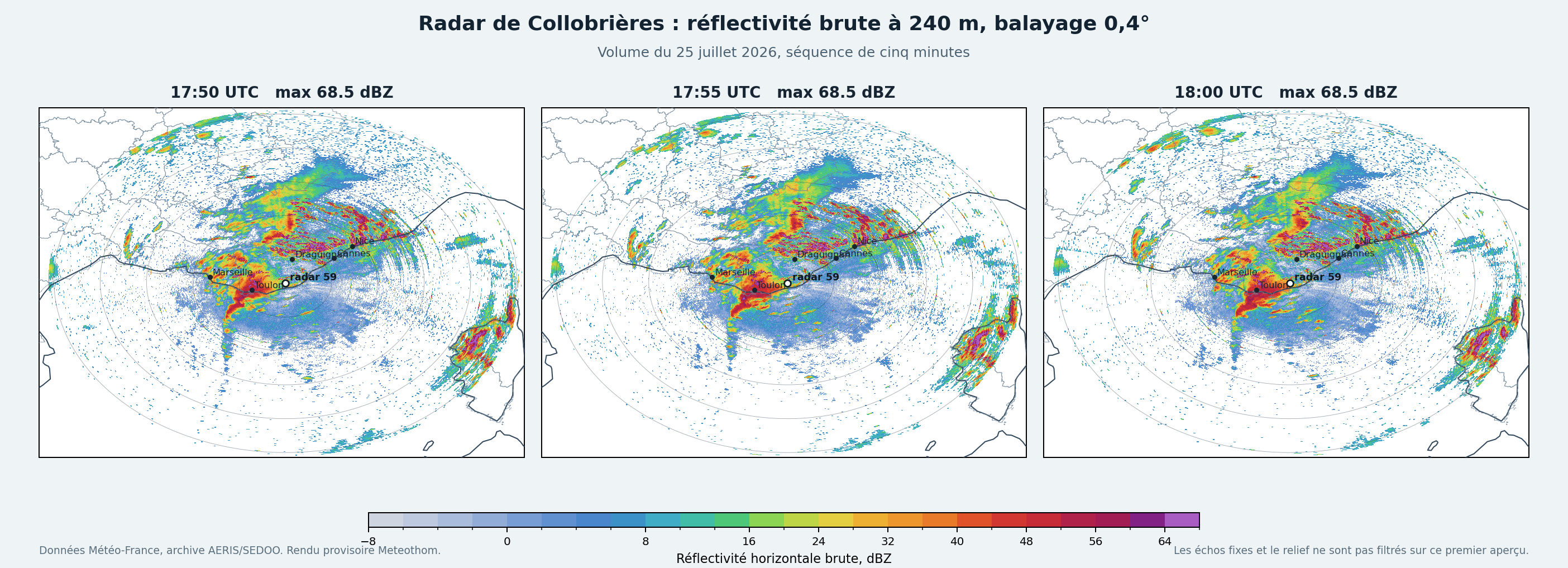 Trois rendus de réflectivité brute du radar de Collobrières à 17 h 50, 17 h 55 et 18 h UTC