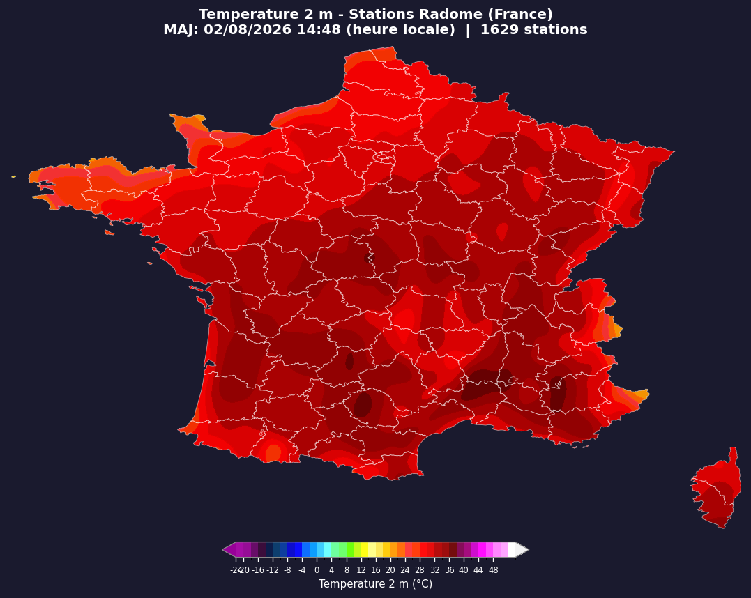 Carte température 2 m des stations Radome